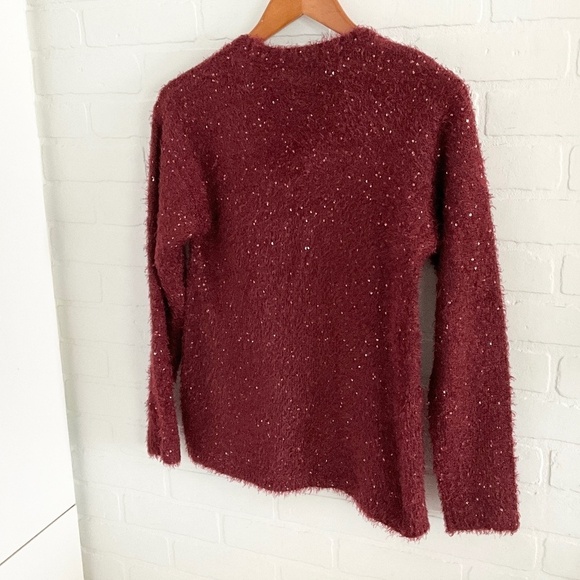 NWOT Sky Girl/Kids Open Knit Cardigan Fuzzy Burgundy Gold Heart Sequins Sz 14/16 - Picture 5 of 6